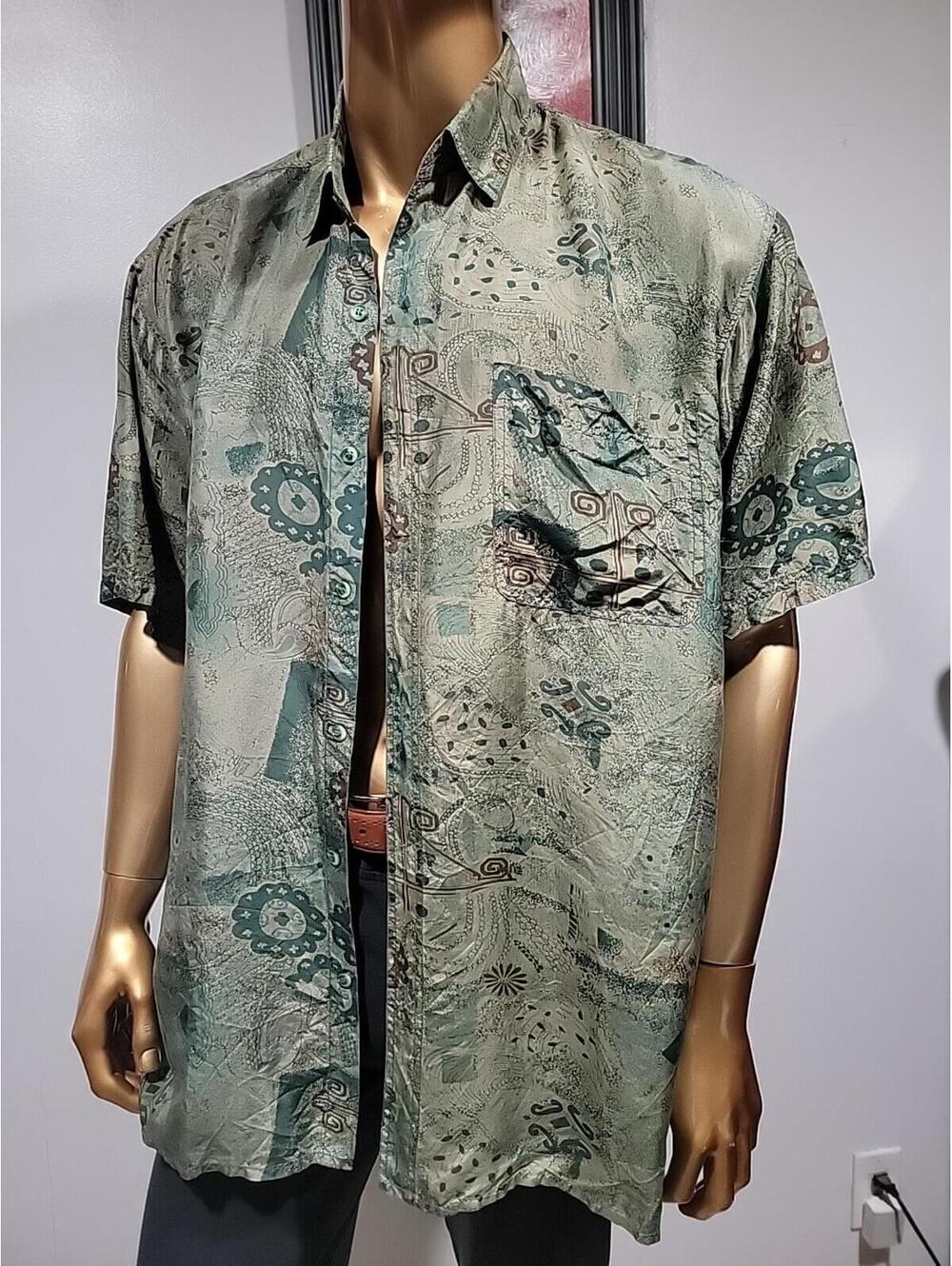 Kooool Men's Shirt XL VINTAGE Rare Abstract Green Silk Button-Up Hawaiian #WM1